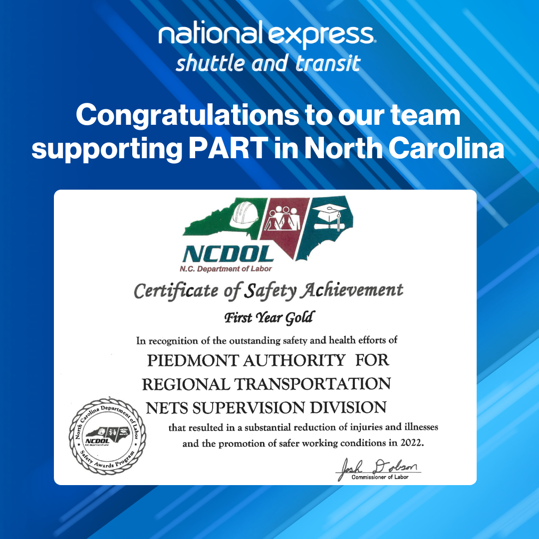 National Express Shuttle and Transit Wins Gold Safety Award from NC Department of Labor